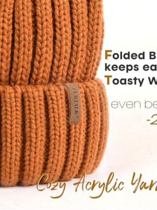 Women\'s Winter Knitted Beanie Hat with Faux Fur Pom Warm Knit Skull Cap